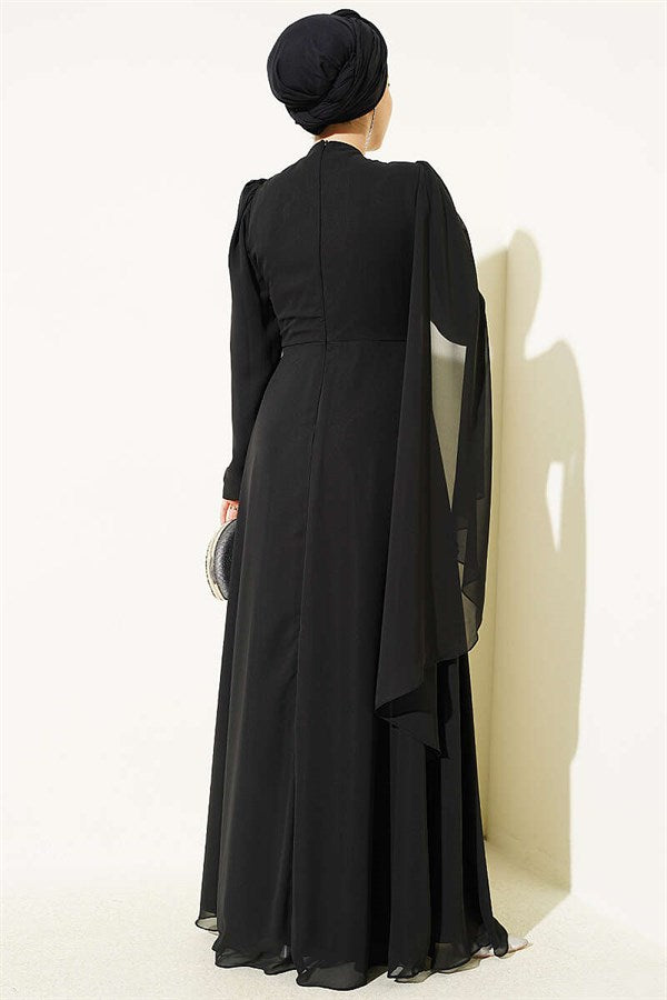 Side Draped Embellished Chiffon Evening Dress, Black