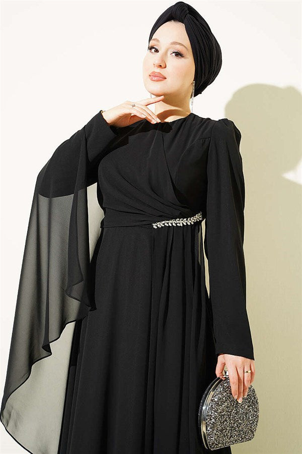 Side Draped Embellished Chiffon Evening Dress, Black