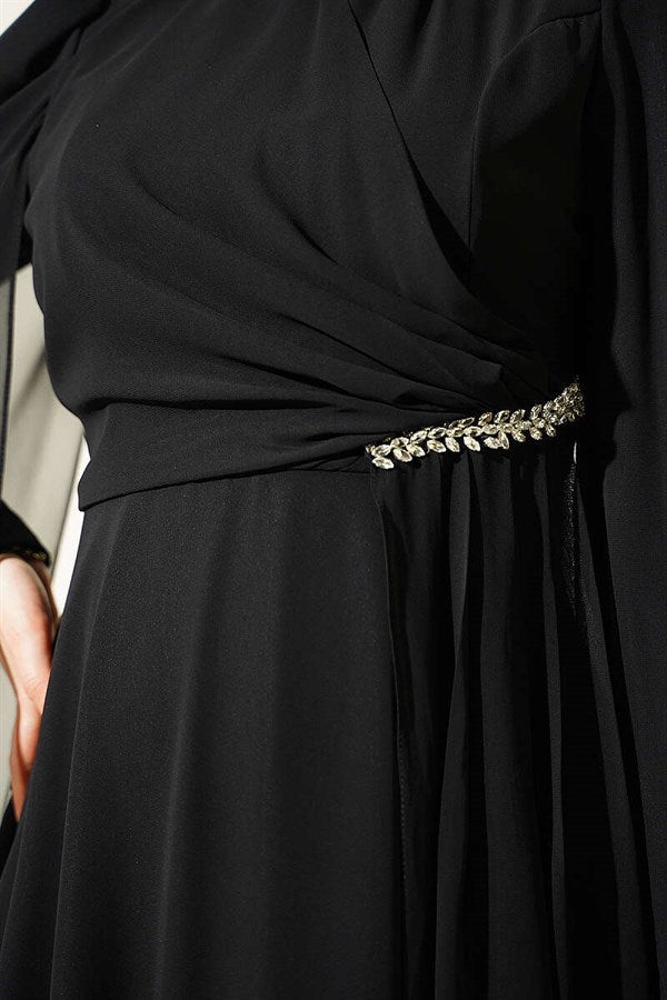 Side Draped Embellished Chiffon Evening Dress, Black