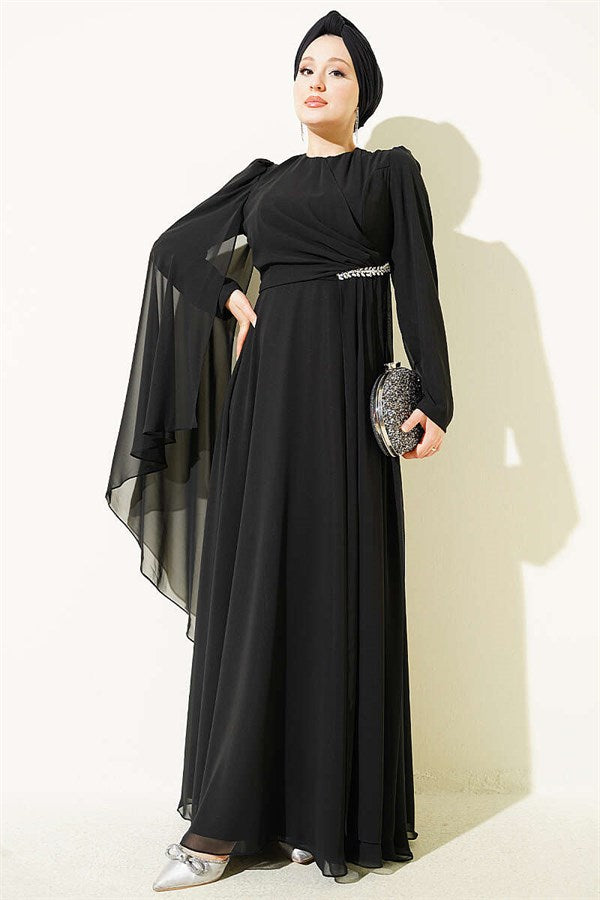 Side Draped Embellished Chiffon Evening Dress, Black