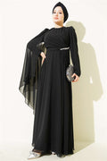Side Draped Embellished Chiffon Evening Dress, Black