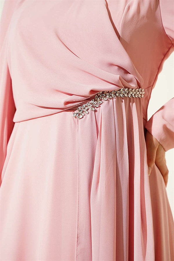 Side Draped Embellished Chiffon Evening Dress in Salmon
