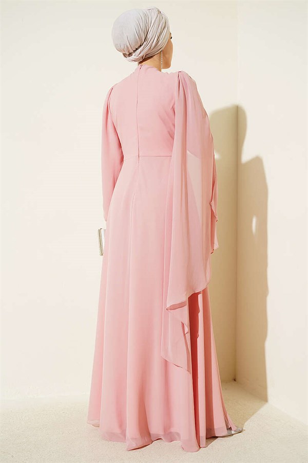 Side Draped Embellished Chiffon Evening Dress in Salmon