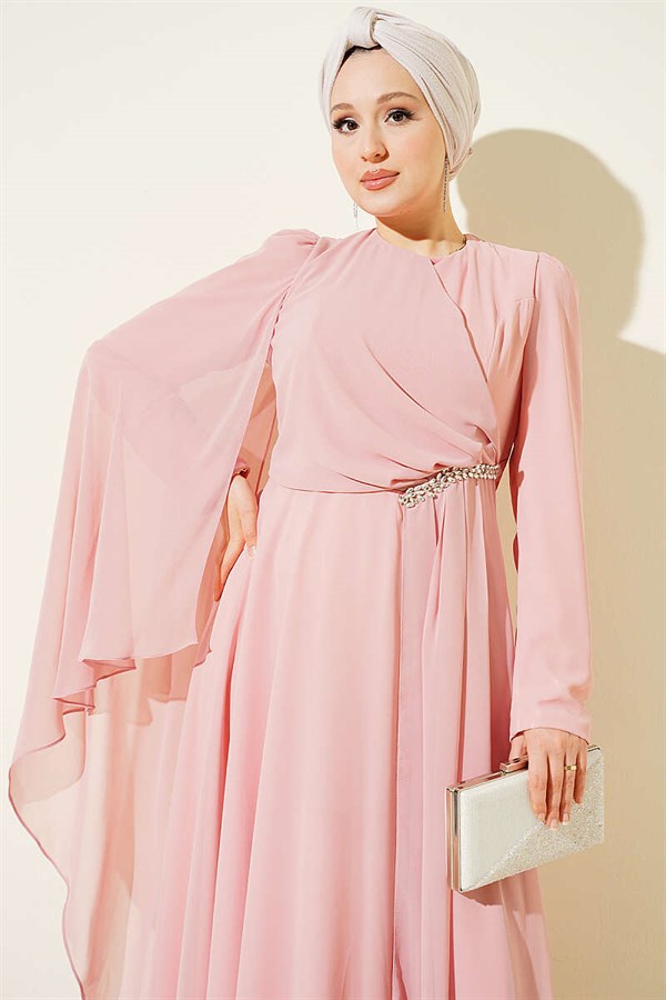 Side Draped Embellished Chiffon Evening Dress in Salmon