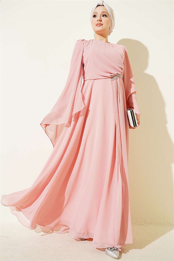 Side Draped Embellished Chiffon Evening Dress in Salmon