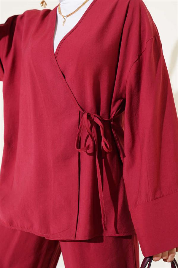 Side Rope Tied Kimono 2 Piece Set Claret Red