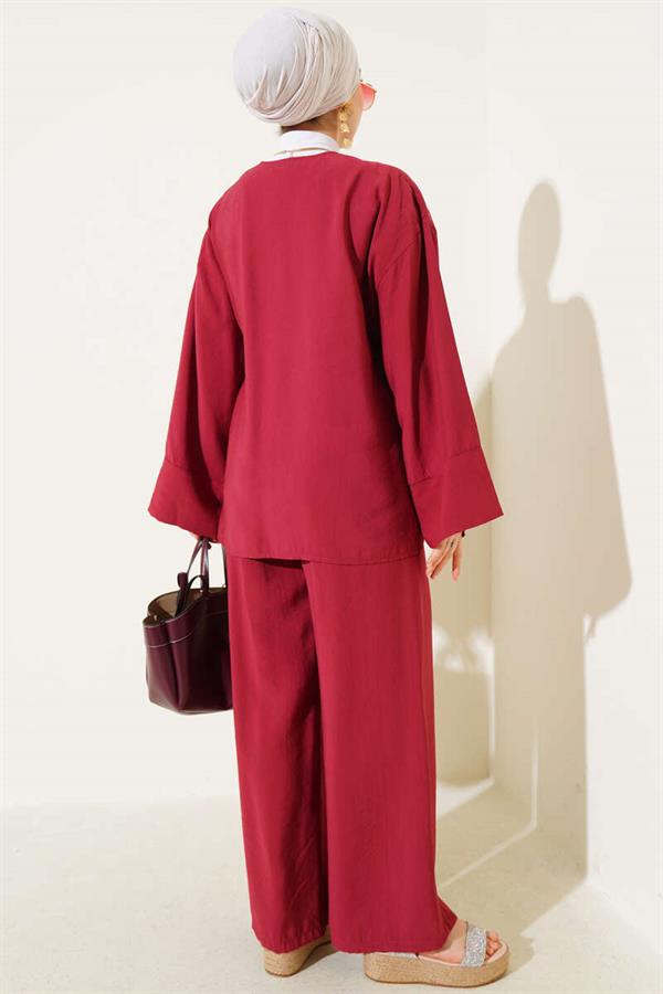 Side Rope Tied Kimono 2 Piece Set Claret Red
