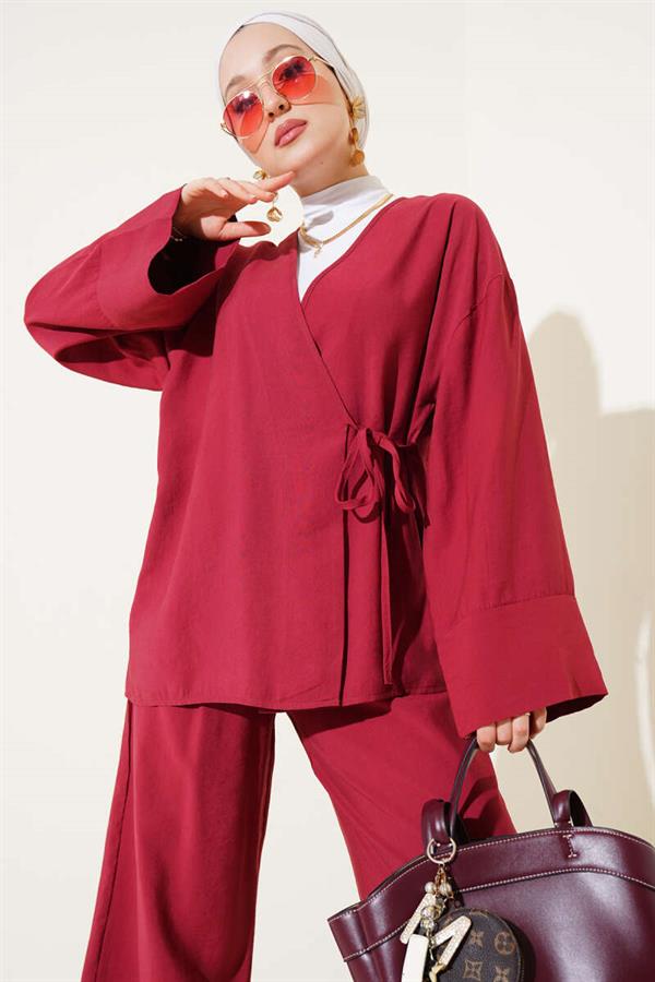 Side Rope Tied Kimono 2 Piece Set Claret Red
