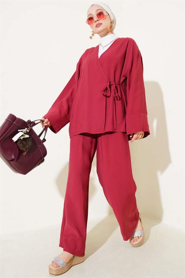 Side Rope Tied Kimono 2 Piece Set Claret Red