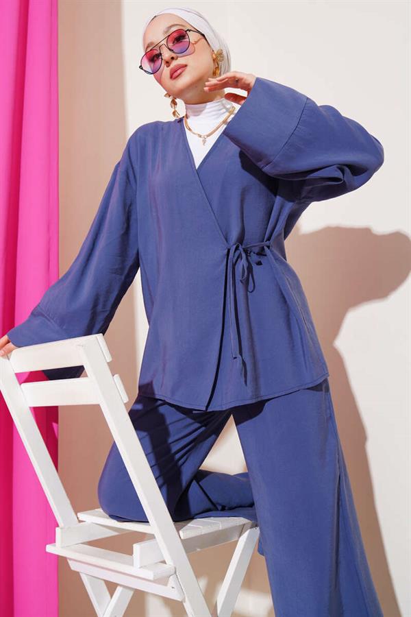 Side Rope Tied Kimono 2 Piece Set Indigo