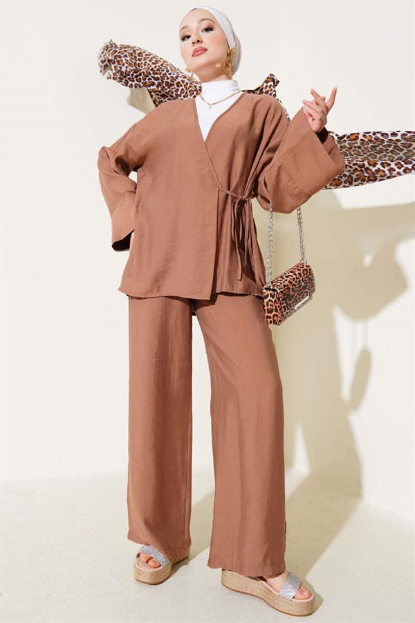 Side Rope Tied Kimono 2 Piece Set Brown
