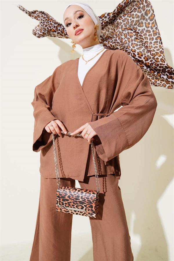 Side Rope Tied Kimono 2 Piece Set Brown