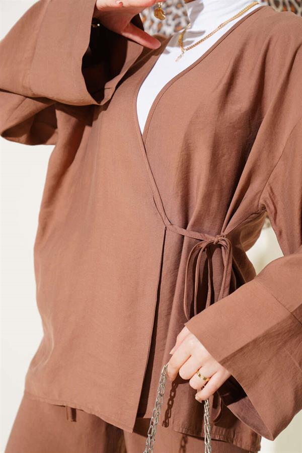 Side Rope Tied Kimono 2 Piece Set Brown