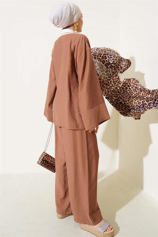 Side Rope Tied Kimono 2 Piece Set Brown