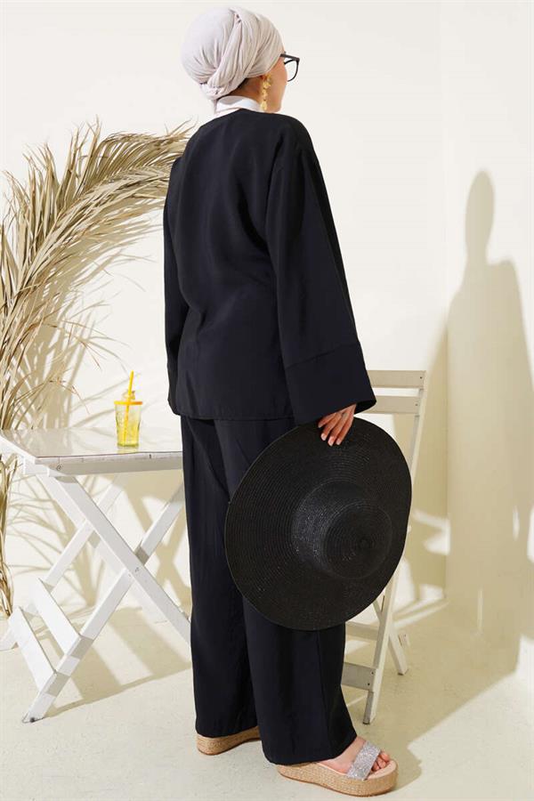 Side Rope Tied Kimono 2 Piece Set Black