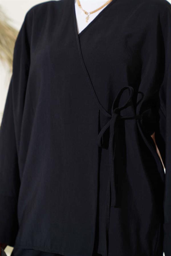 Side Rope Tied Kimono 2 Piece Set Black