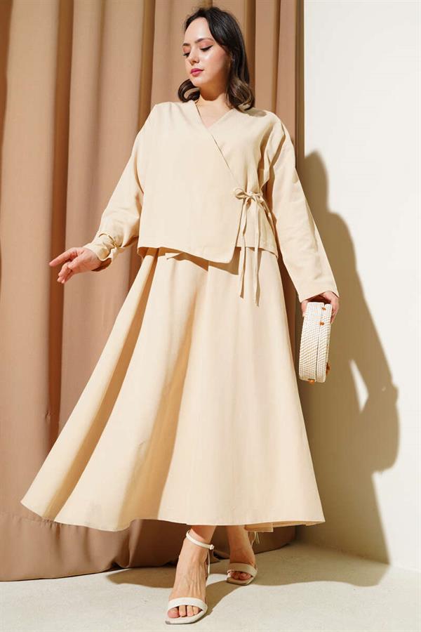 Linen 2 Piece Set with Side Rope Tie Skirt Beige