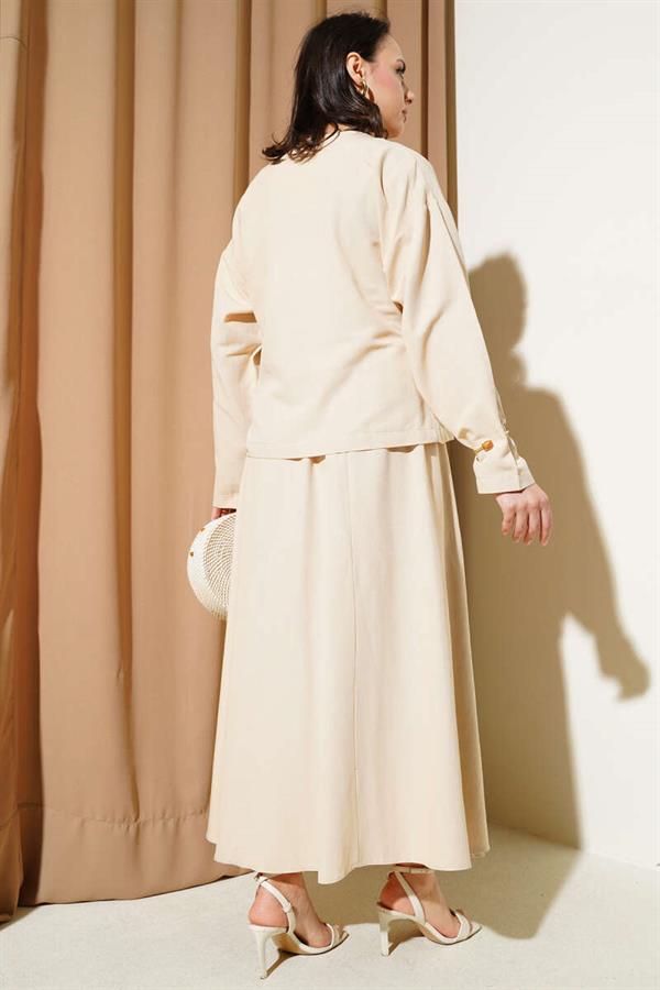 Linen 2 Piece Set with Side Rope Tie Skirt Beige