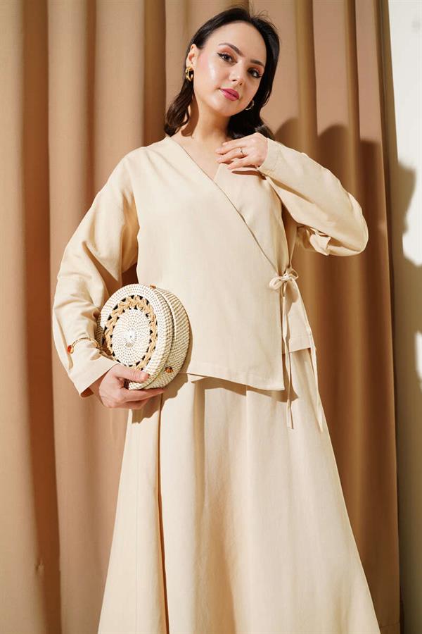 Linen 2 Piece Set with Side Rope Tie Skirt Beige