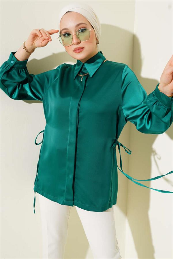 Side Tie Satin Shirt Emerald