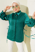 Side Tie Satin Shirt Emerald