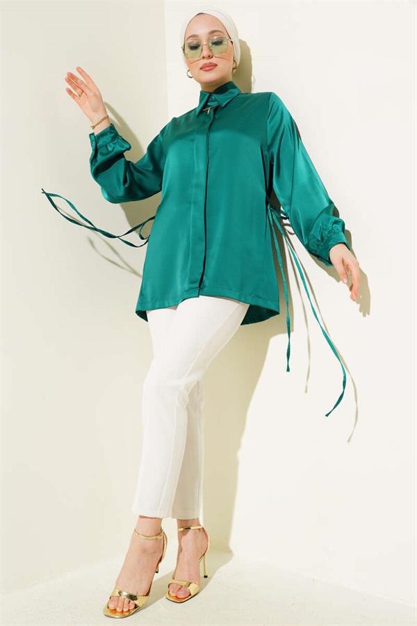 Side Tie Satin Shirt Emerald