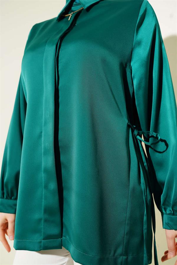 Side Tie Satin Shirt Emerald