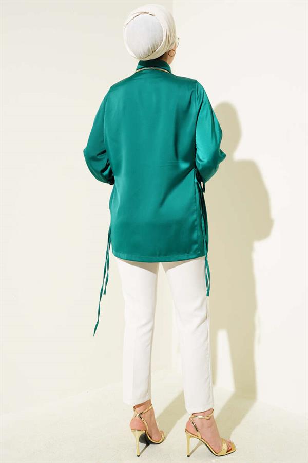 Side Tie Satin Shirt Emerald