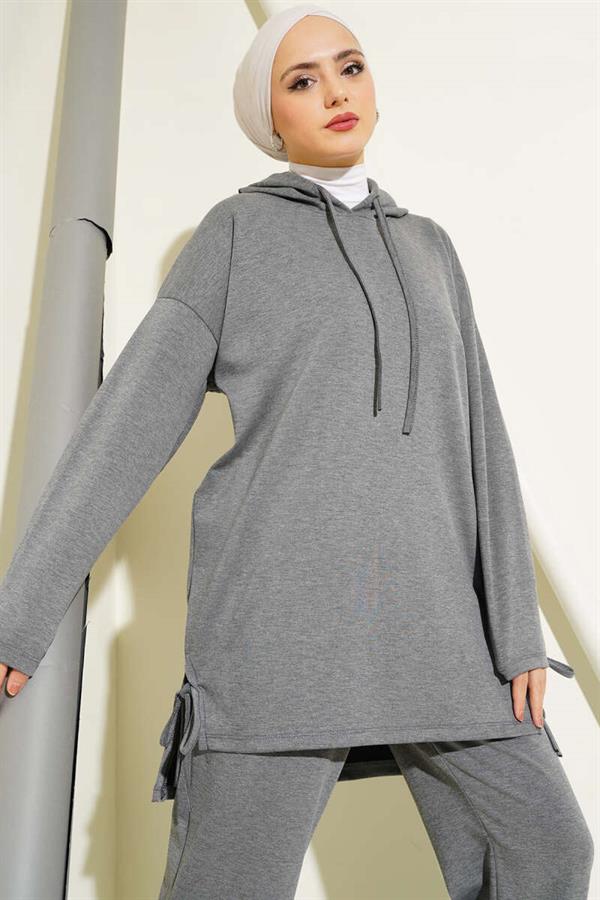 Side Tie Hooded 2 Piece Set Melange Gray