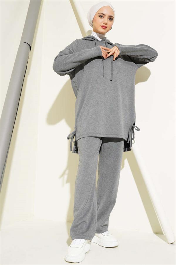 Side Tie Hooded 2 Piece Set Melange Gray