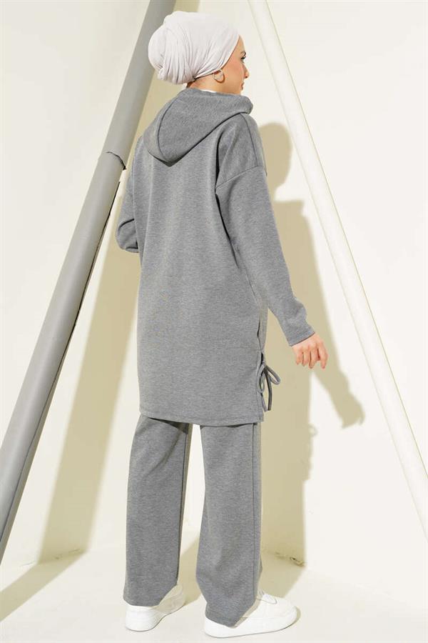 Side Tie Hooded 2 Piece Set Melange Gray