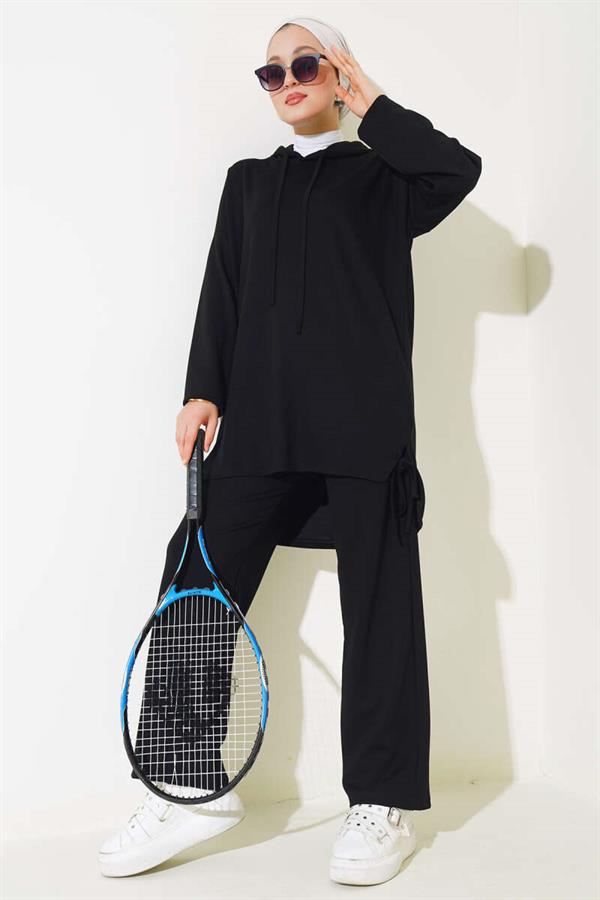 Side Tie Hooded 2 Piece Set Black