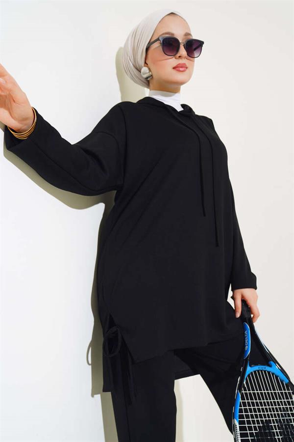 Side Tie Hooded 2 Piece Set Black