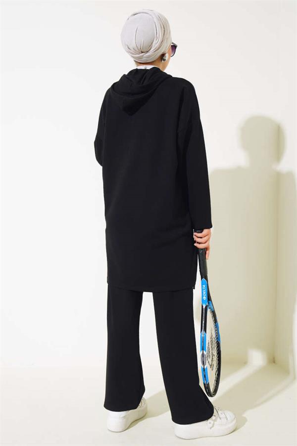 Side Tie Hooded 2 Piece Set Black