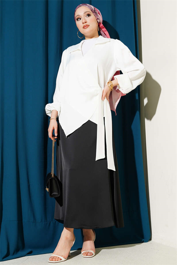 Side-Tie Satin Blouse, Ecru