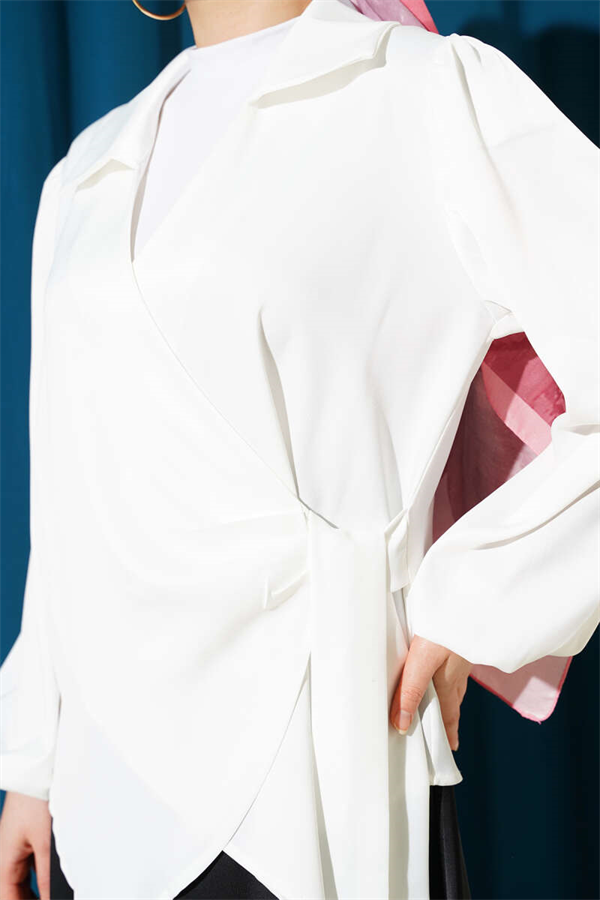 Side-Tie Satin Blouse, Ecru