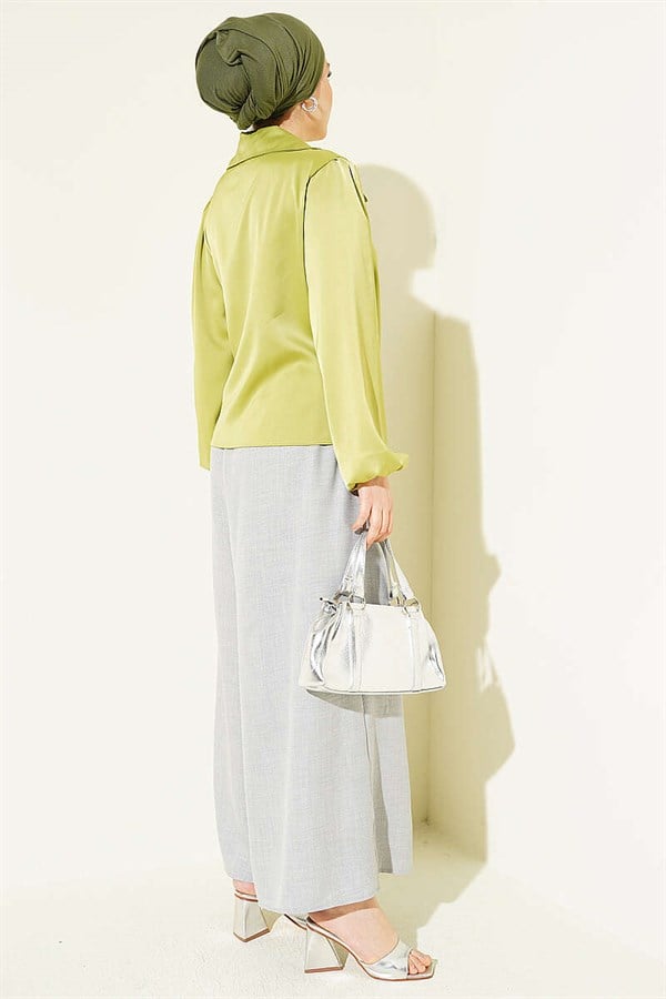 Side-Tie Satin Blouse, Pistachio Green
