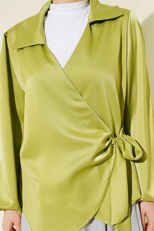 Side-Tie Satin Blouse, Pistachio Green
