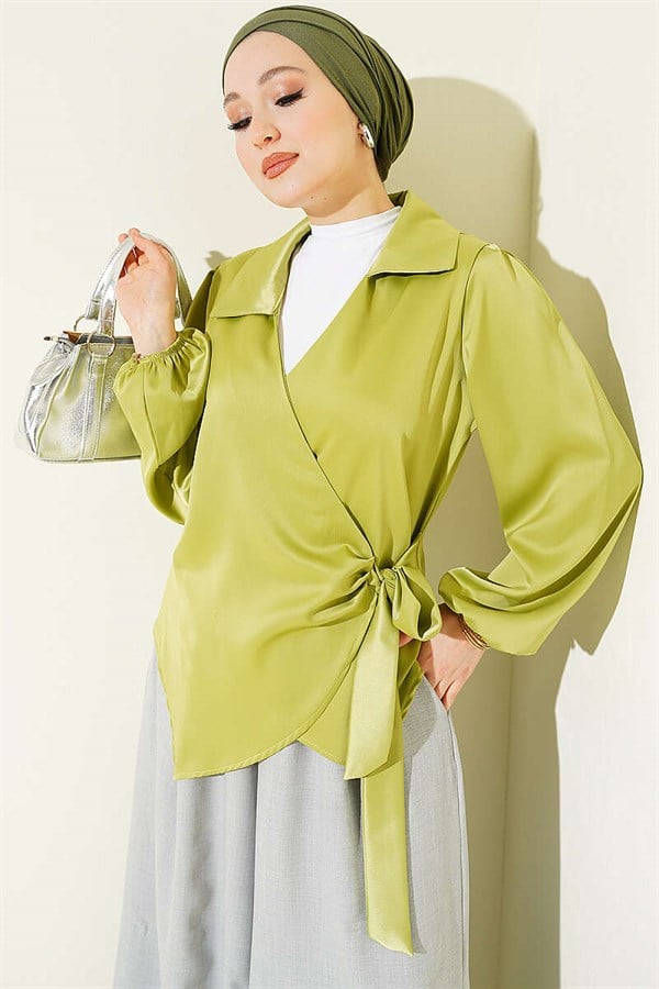 Side-Tie Satin Blouse, Pistachio Green