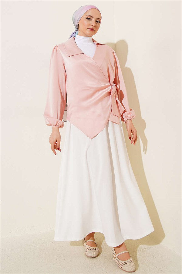 Side-Tie Satin Blouse Powder Pink