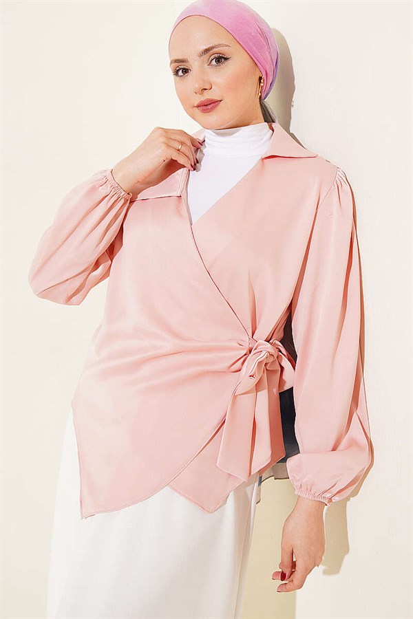 Side-Tie Satin Blouse Powder Pink