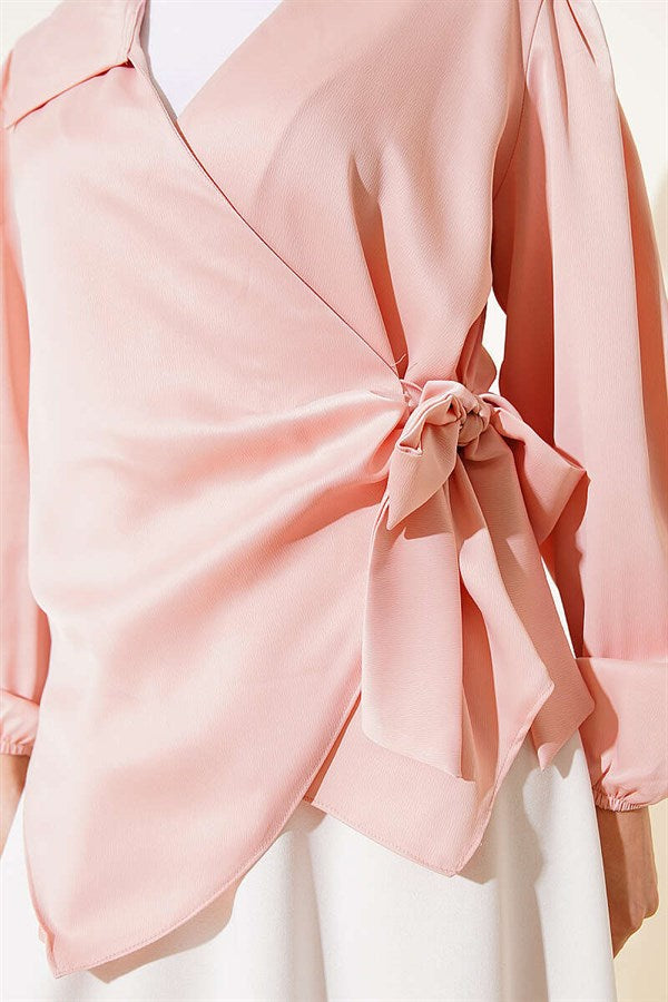 Side-Tie Satin Blouse Powder Pink