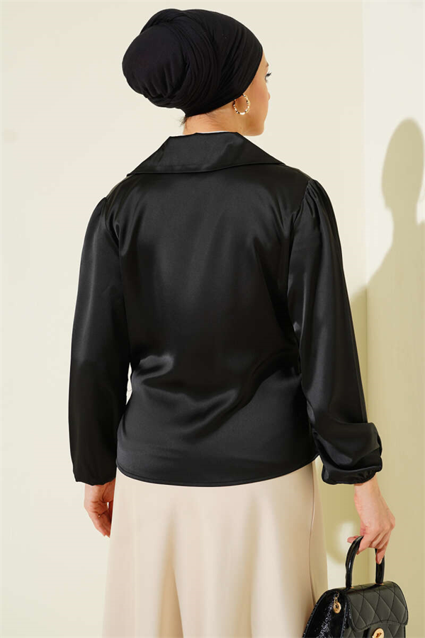 Side-Tie Satin Blouse, Black