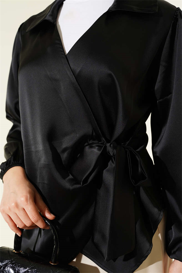 Side-Tie Satin Blouse, Black
