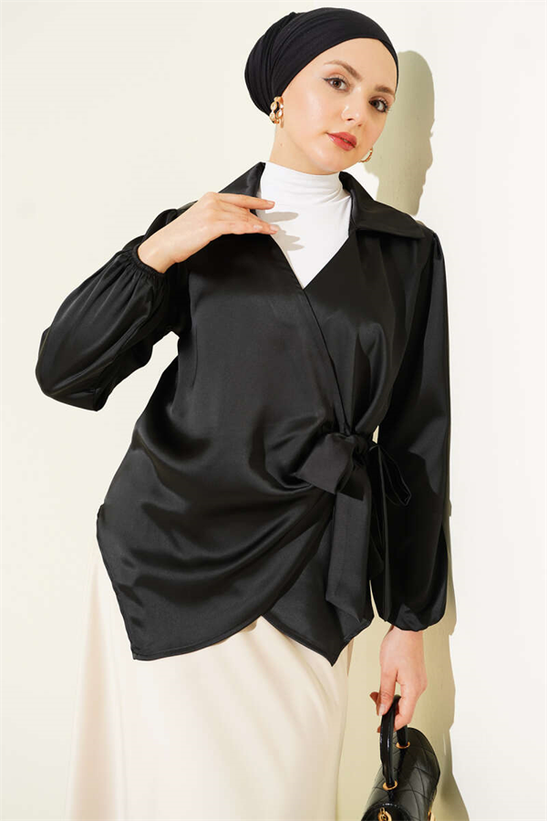 Side-Tie Satin Blouse, Black