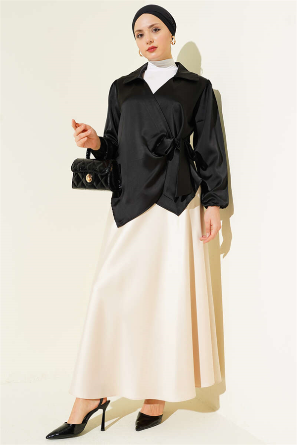 Side-Tie Satin Blouse, Black