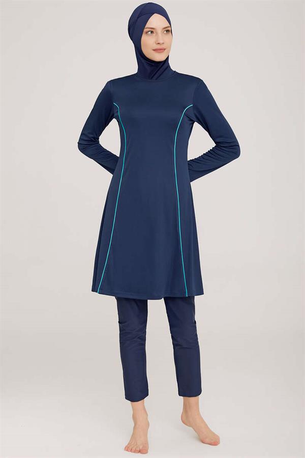 Side Stripe Detailed Hijab Burkini Light Navy Blue