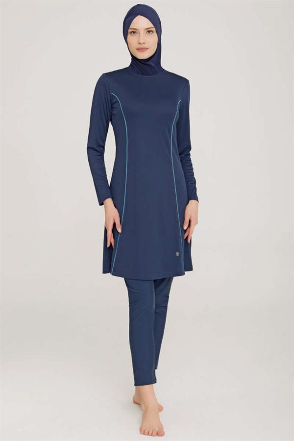 Side Stripe Detailed Hijab Burkini Light Navy Blue