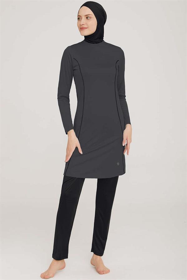Side Stripe Detailed Hijab Burkini Anthracite