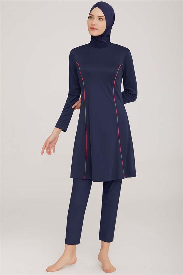 Side Stripe Detailed Hijab Burkini Dark Navy Blue